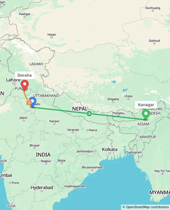 Route map showing distance and travel time from Itanagar, India to Doraha, India