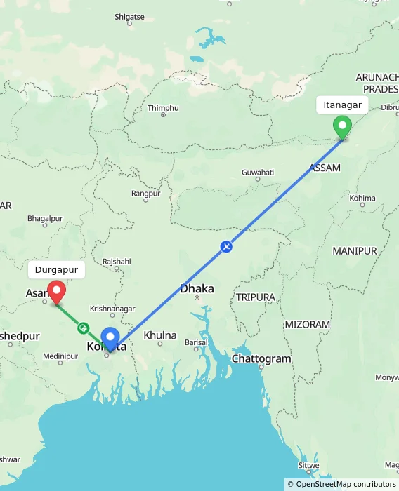 Route map showing distance and travel time from Itanagar, India to Durgapur, India