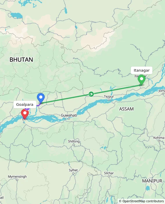 Route map showing distance and travel time from Itanagar, India to Goalpara, India