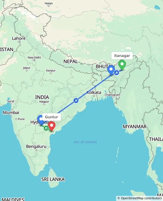 Route map showing distance and travel time from Itanagar, India to Guntur, India