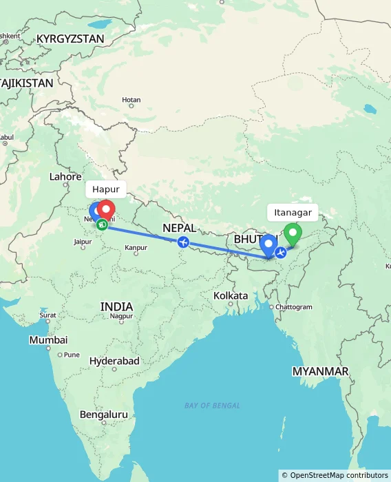 Route map showing distance and travel time from Itanagar, India to Hapur, India