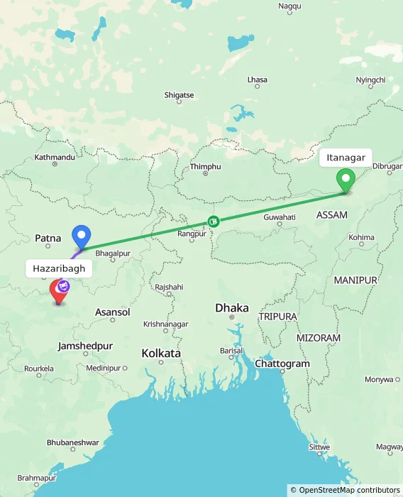 Route map showing distance and travel time from Itanagar, India to Hazaribagh, India