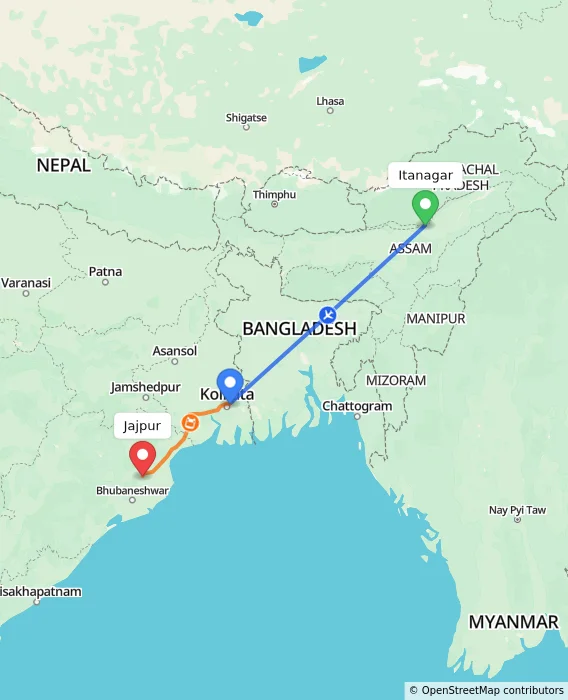 Route map showing distance and travel time from Itanagar, India to Jajpur, India