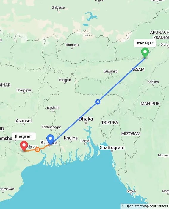 Route map showing distance and travel time from Itanagar, India to Jhargram, India