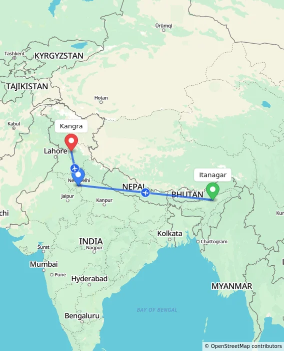 Route map showing distance and travel time from Itanagar, India to Kangra, India
