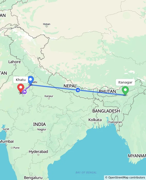 Route map showing distance and travel time from Itanagar, India to Khatu, India