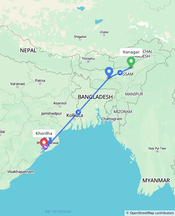 Route map showing distance and travel time from Itanagar, India to Khordha, India