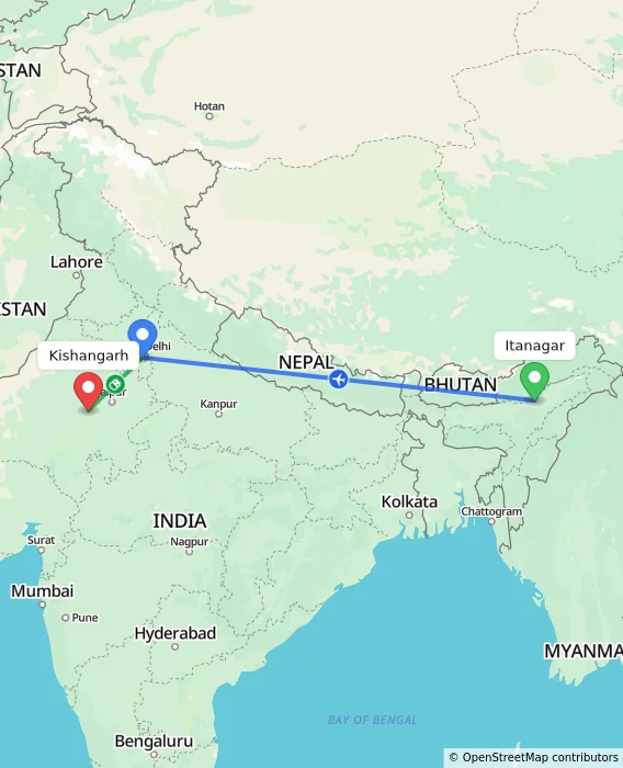 Route map showing distance and travel time from Itanagar, India to Kishangarh, India