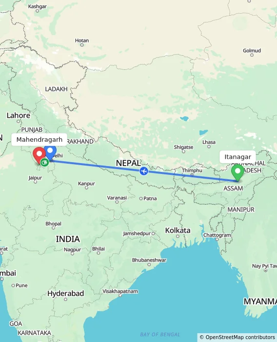 Route map showing distance and travel time from Itanagar, India to Mahendragarh, India