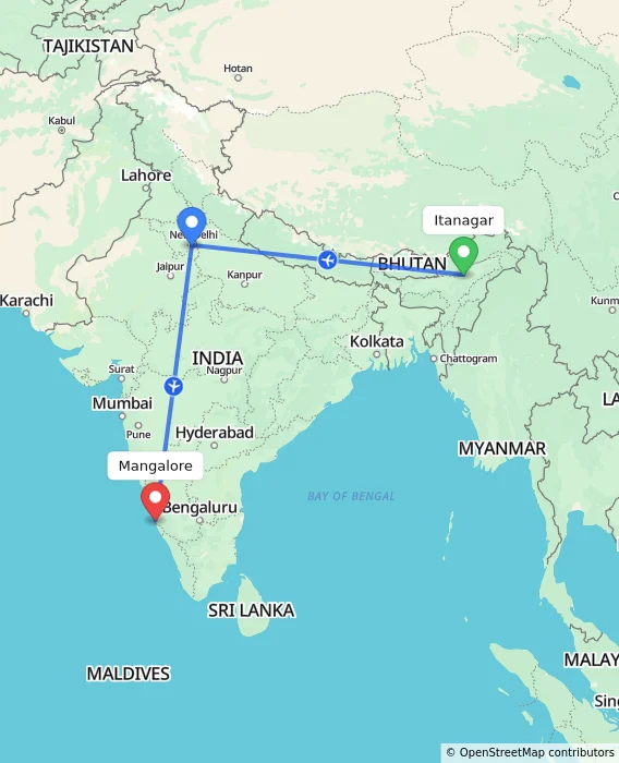 Route map showing distance and travel time from Itanagar, India to Mangalore, India