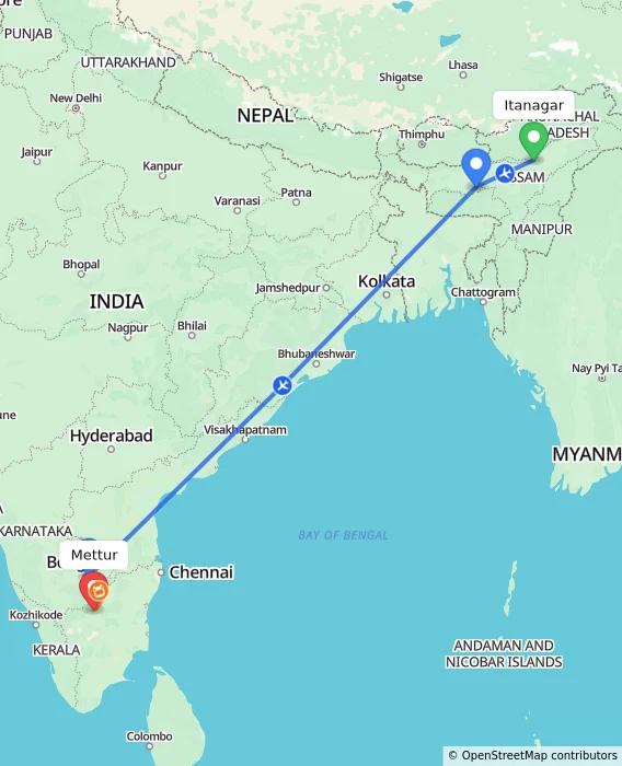 Route map showing distance and travel time from Itanagar, India to Mettur, India