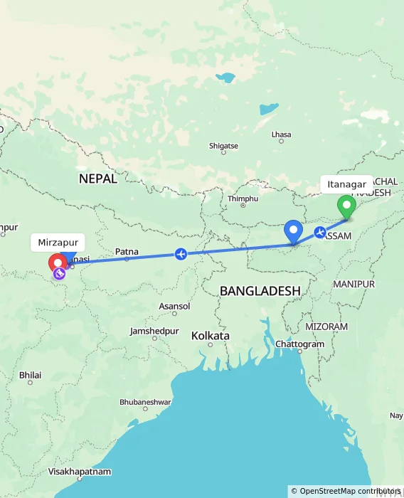 Route map showing distance and travel time from Itanagar, India to Mirzapur, India