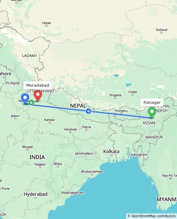 Route map showing distance and travel time from Itanagar, India to Moradabad, India