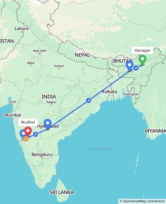 Route map showing distance and travel time from Itanagar, India to Mudhol, India
