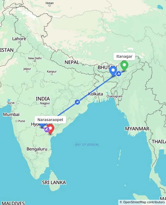 Route map showing distance and travel time from Itanagar, India to Narasaraopet, India