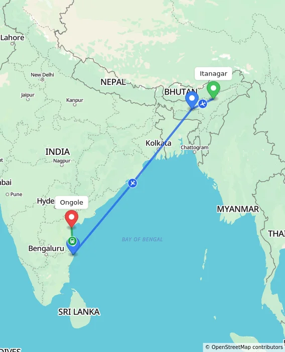 Route map showing distance and travel time from Itanagar, India to Ongole, India