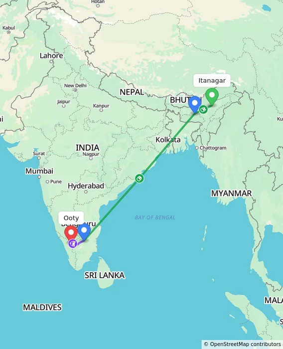 Route map showing distance and travel time from Itanagar, India to Ooty, India