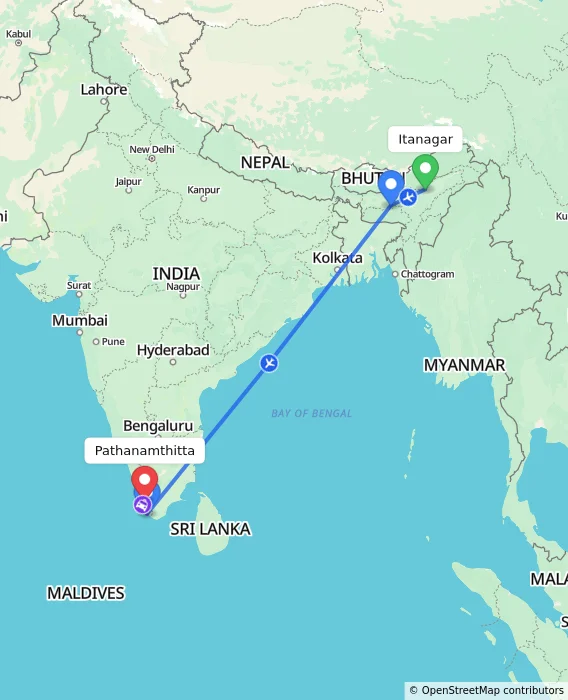 Route map showing distance and travel time from Itanagar, India to Pathanamthitta, India