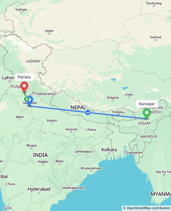 Route map showing distance and travel time from Itanagar, India to Patiala, India