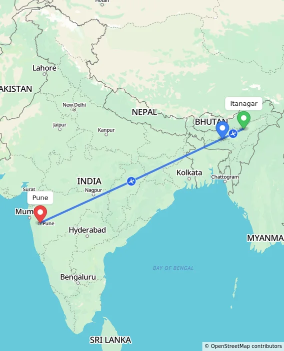 Route map showing distance and travel time from Itanagar, India to Pune, India