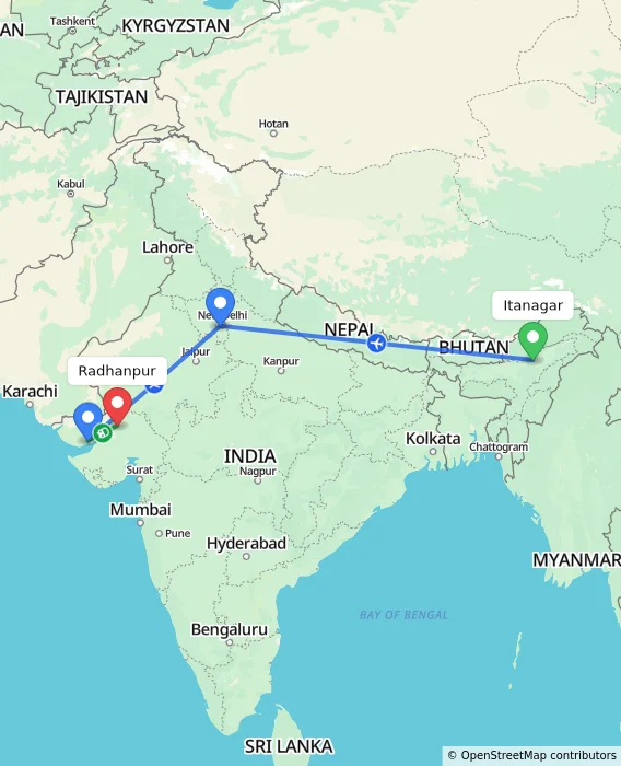 Route map showing distance and travel time from Itanagar, India to Radhanpur, India