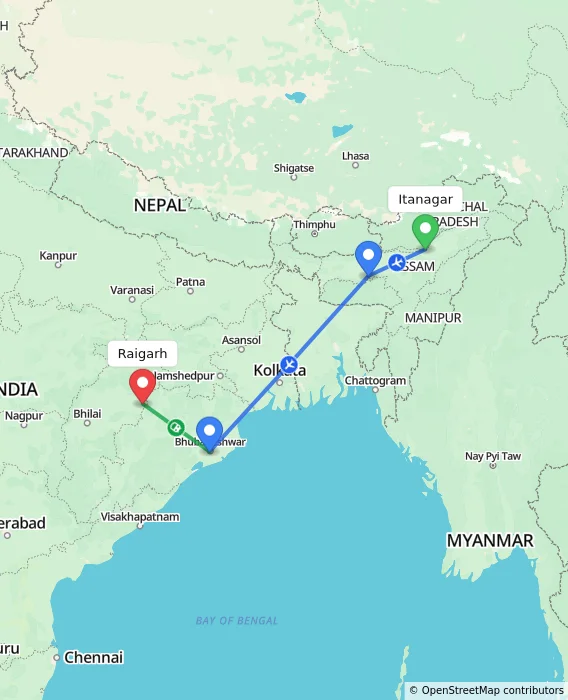 Route map showing distance and travel time from Itanagar, India to Raigarh, India