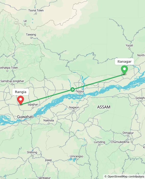 Route map showing distance and travel time from Itanagar, India to Rangia, India