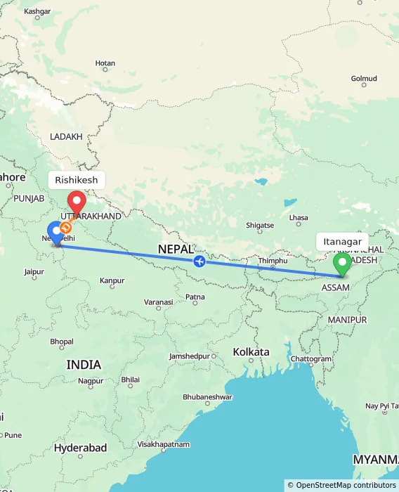 Route map showing distance and travel time from Itanagar, India to Rishikesh, India