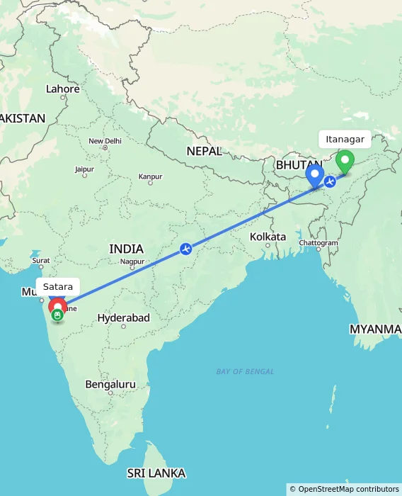 Route map showing distance and travel time from Itanagar, India to Satara, India