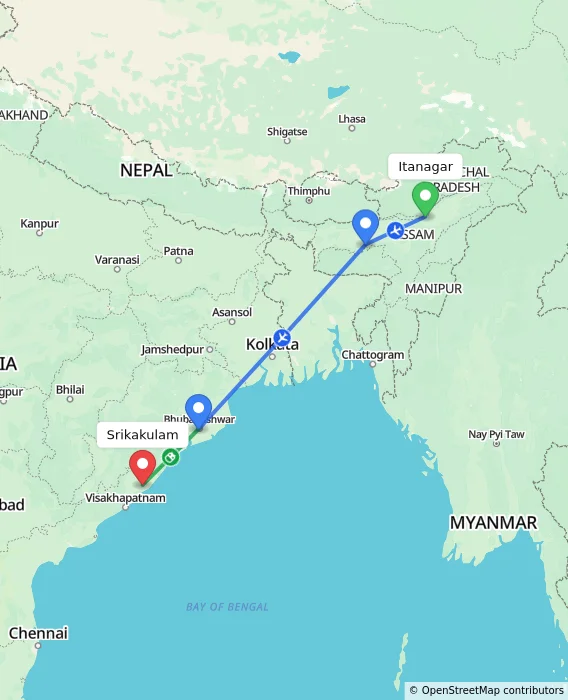Route map showing distance and travel time from Itanagar, India to Srikakulam, India