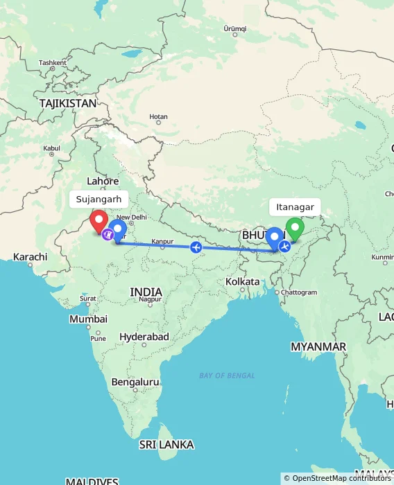 Route map showing distance and travel time from Itanagar, India to Sujangarh, India