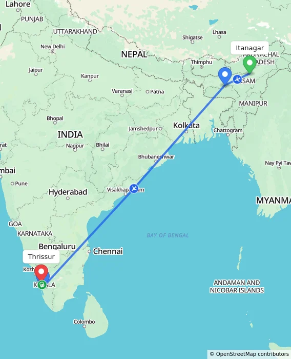Route map showing distance and travel time from Itanagar, India to Thrissur, India
