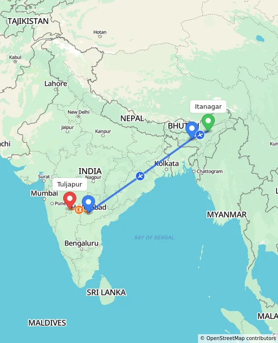 Route map showing distance and travel time from Itanagar, India to Tuljapur, India