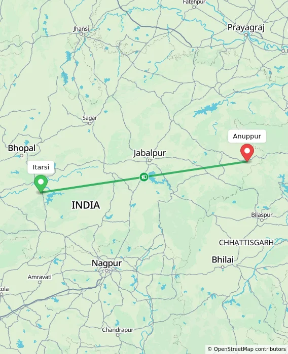 Route map showing distance and travel time from Itarsi, India to Anuppur, India