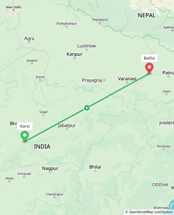 Route map showing distance and travel time from Itarsi, India to Ballia, India
