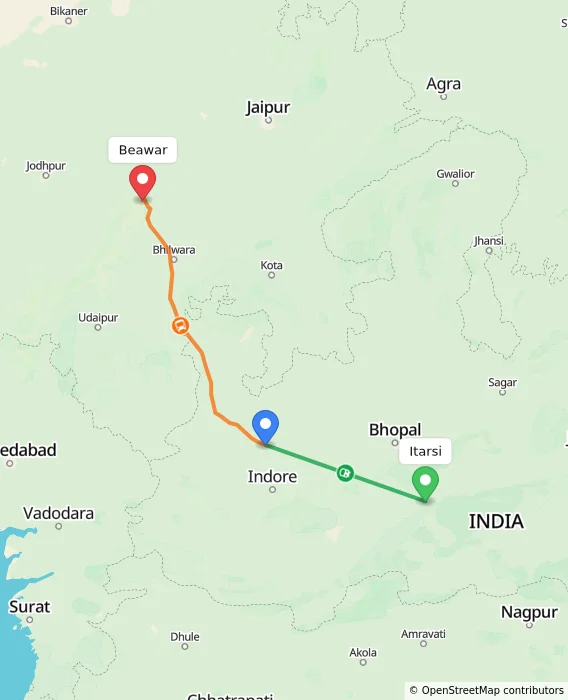 Route map showing distance and travel time from Itarsi, India to Beawar, India