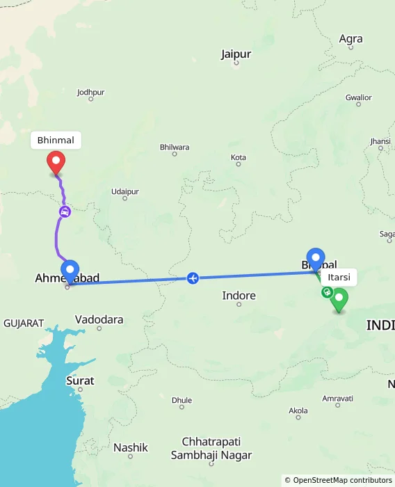 Route map showing distance and travel time from Itarsi, India to Bhinmal, India