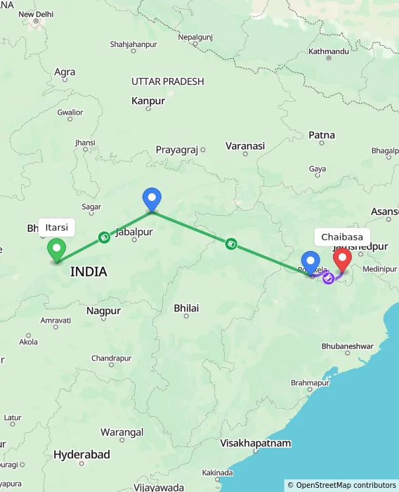 Route map showing distance and travel time from Itarsi, India to Chaibasa, India