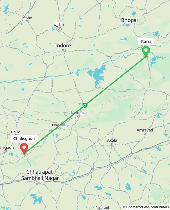 Route map showing distance and travel time from Itarsi, India to Chalisgaon, India