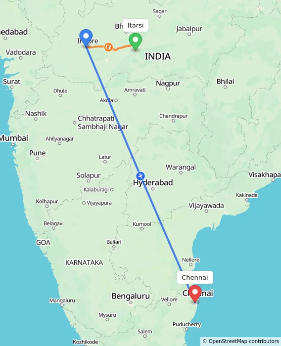 Route map showing distance and travel time from Itarsi, India to Chennai, India