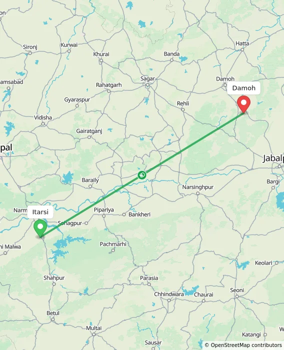 Route map showing distance and travel time from Itarsi, India to Damoh, India
