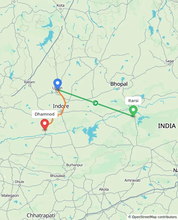 Route map showing distance and travel time from Itarsi, India to Dhamnod, India