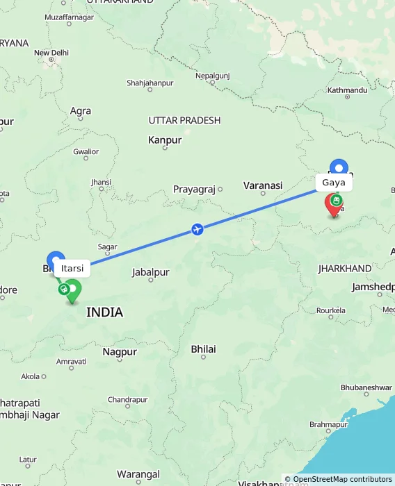 Route map showing distance and travel time from Itarsi, India to Gaya, India