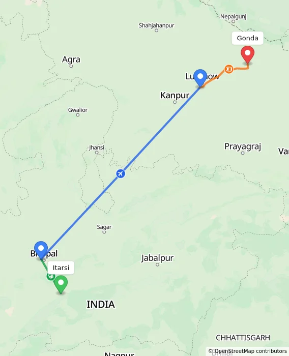 Route map showing distance and travel time from Itarsi, India to Gonda, India