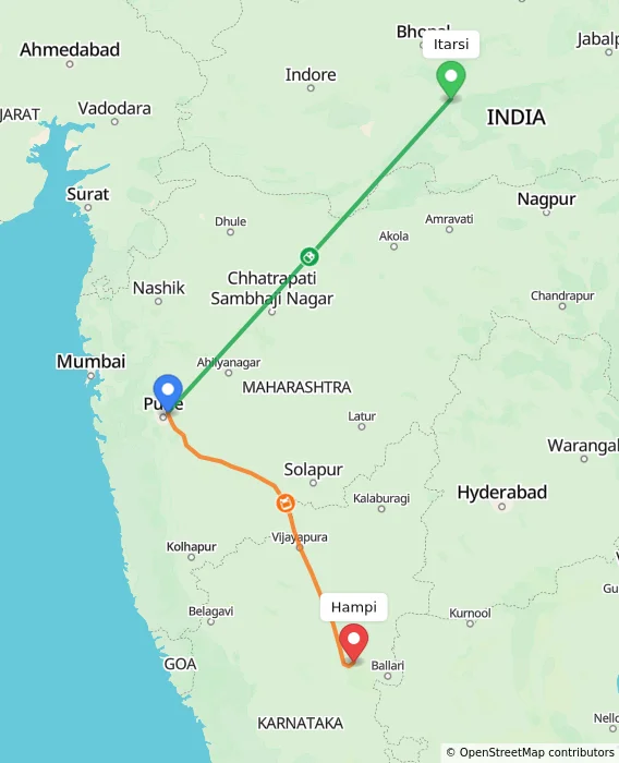 Route map showing distance and travel time from Itarsi, India to Hampi, India