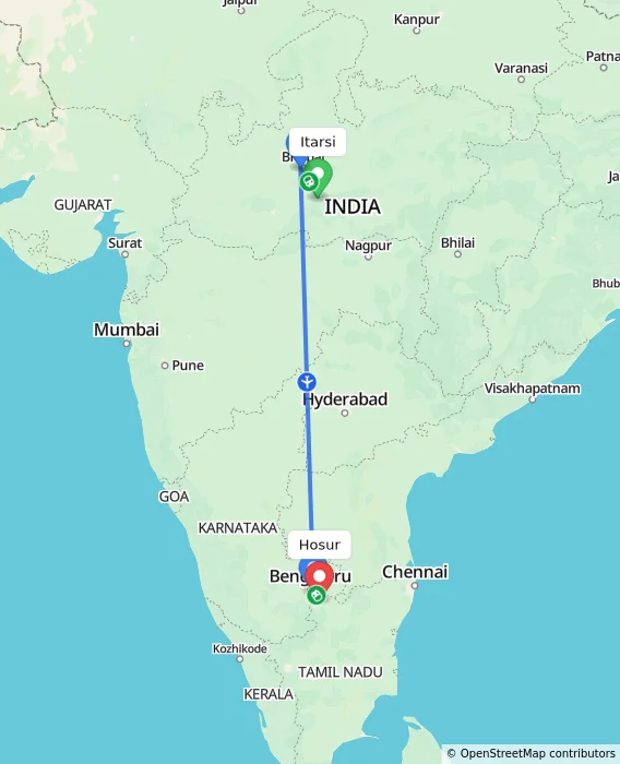 Route map showing distance and travel time from Itarsi, India to Hosur, India