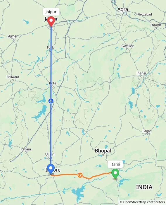 Route map showing distance and travel time from Itarsi, India to Jaipur, India