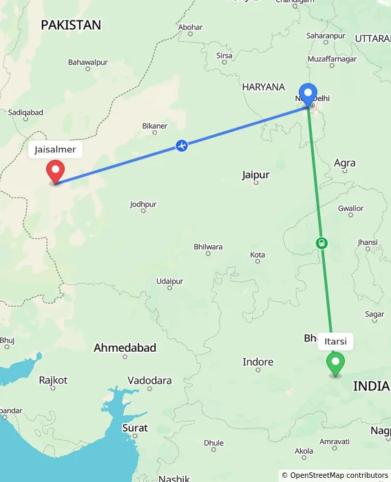 Route map showing distance and travel time from Itarsi, India to Jaisalmer, India