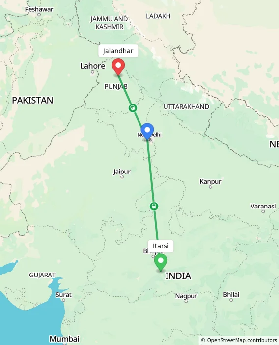 Route map showing distance and travel time from Itarsi, India to Jalandhar, India