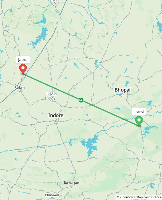Route map showing distance and travel time from Itarsi, India to Jaora, India